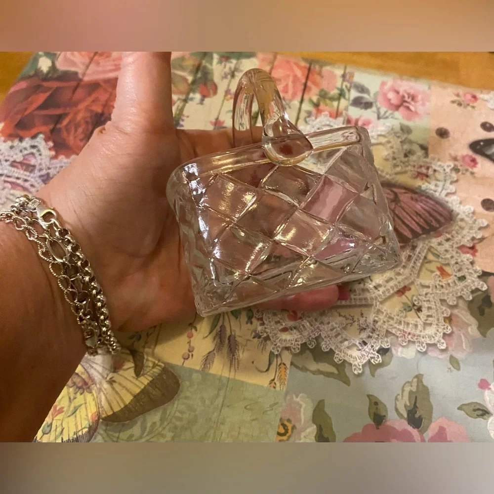 Vintage Clear Pressed Glass Basket Diamond Pattern Hand Blown Applied Handle